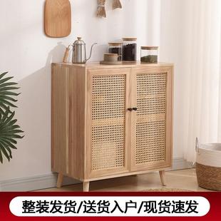 实木藤编餐边柜靠墙一体茶水柜厨房置物柜家用客厅储物柜收纳柜子