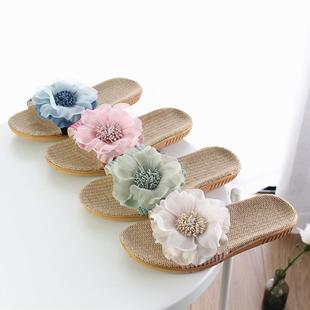 棉麻凉拖鞋 夏季 软底室内四季 亚麻拖鞋 花朵日系 女防滑厚底家居拖鞋