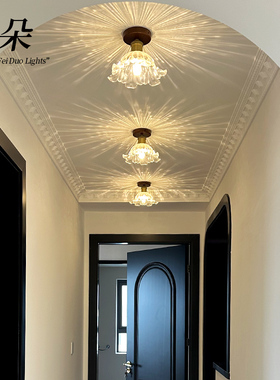 飞朵法式中古风过道灯吸顶灯简约复古胡桃木玻璃玄关阳台走廊灯具