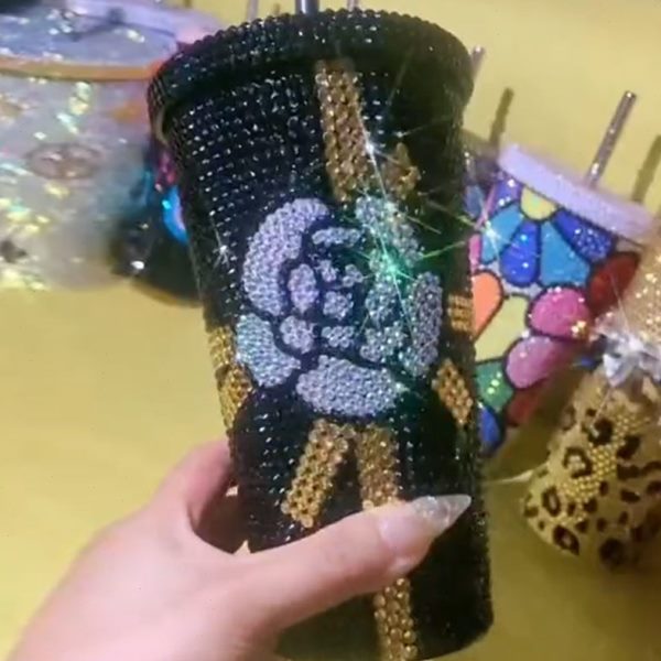 粘钻网红吸管杯子手工DIY贴钻水杯304不锈钢吸管杯咖啡杯太空杯