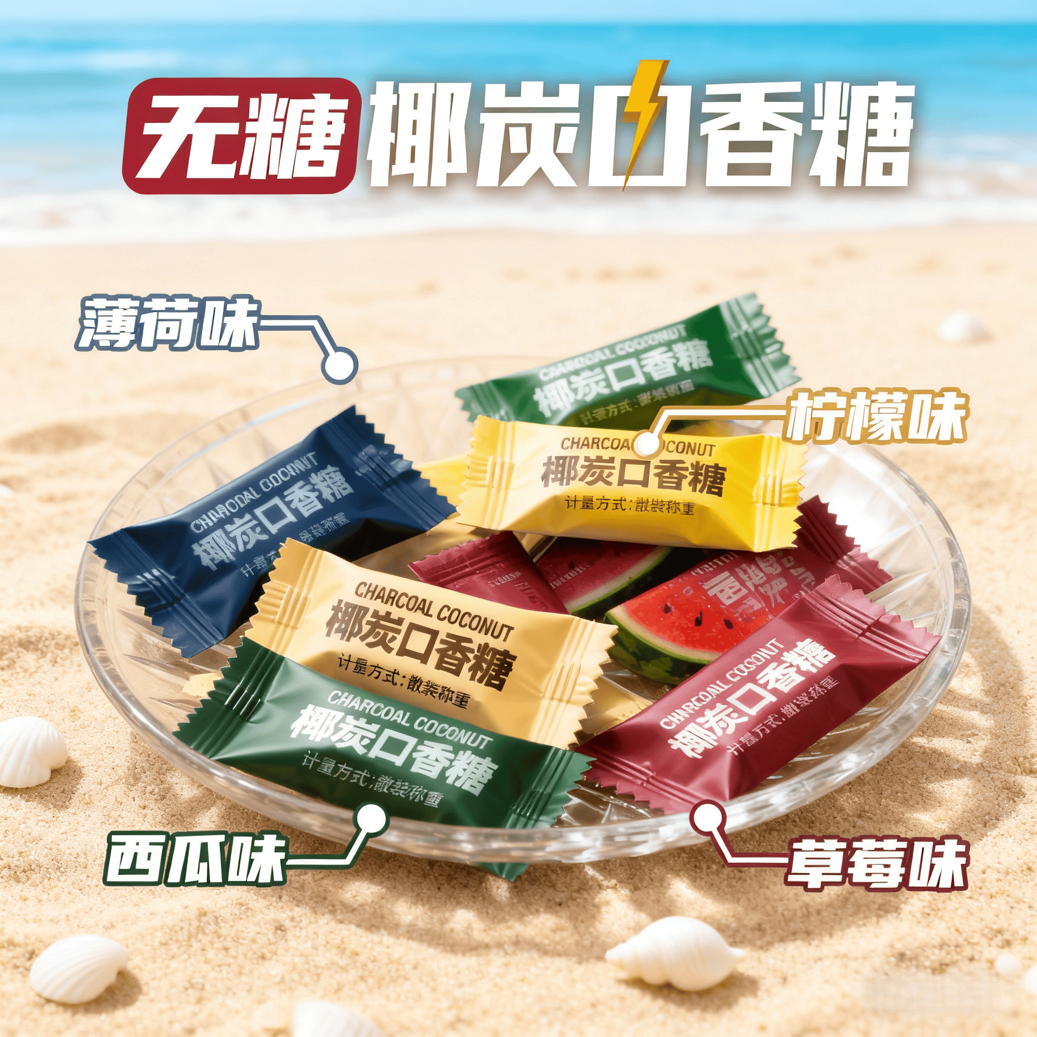 椰炭无糖口香糖木糖醇维C西瓜味