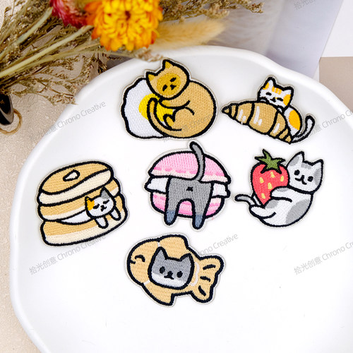可爱面包食玩小猫自粘刺绣布贴