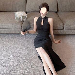 开叉修身国风新中式改良旗袍礼服裙黑色露肩性感包臀挂脖连衣裙夏