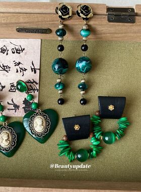 耳环人像个性耳饰欧美风女时尚vintage耳钉吊坠中古树脂圆形爱心