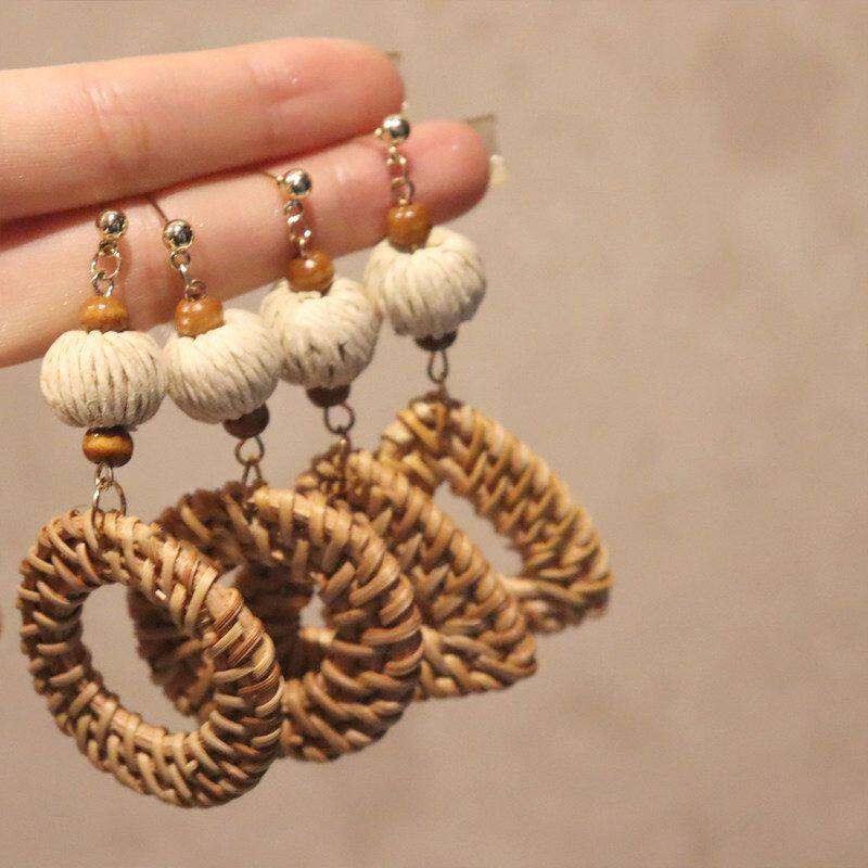 复古藤编圆形耳环银针设计感耳饰小众夸张民族风三角形耳钉木珠女