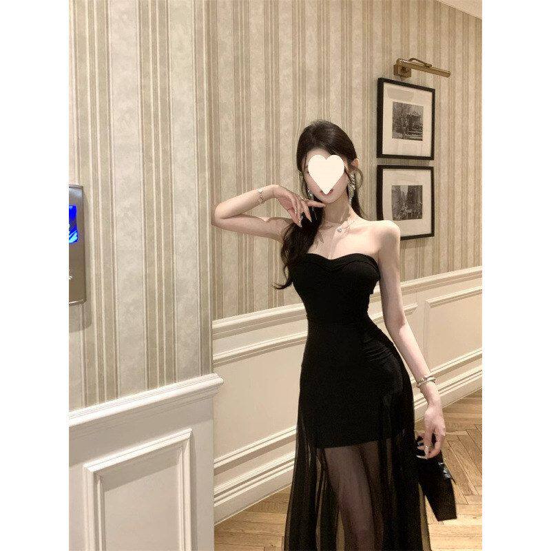 设计修身新款露背夏季气质黑色辣妹拼接高级中长裙网纱抹胸连衣裙