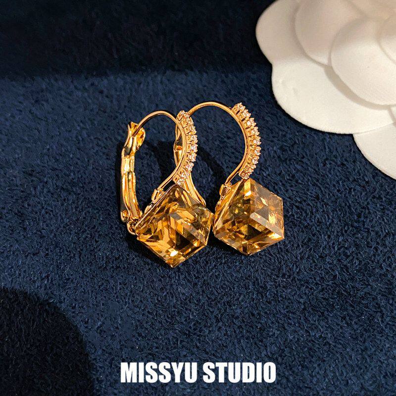 耳钉18k方形饰品美拉德暖晶方电镀阙复古耳饰真金百搭锆石耳环！