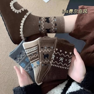 秋冬保暖加厚民族风费尔岛袜子女袜2026新款堆堆袜中筒袜ins百搭