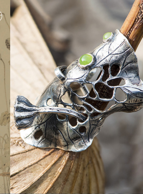 非遗錾刻镂空两世欢碧玉纯银戒指