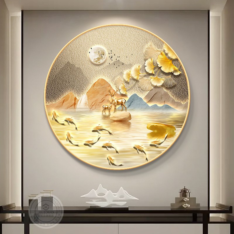 发财树入户玄关装饰画餐厅圆形背景墙挂画客厅石来运转走廊过道画图片