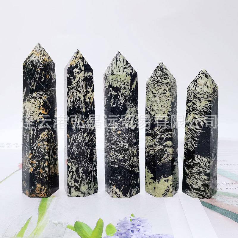 弘晶远水晶天然黑白烟花六棱柱单尖烟花石水晶柱原石打磨