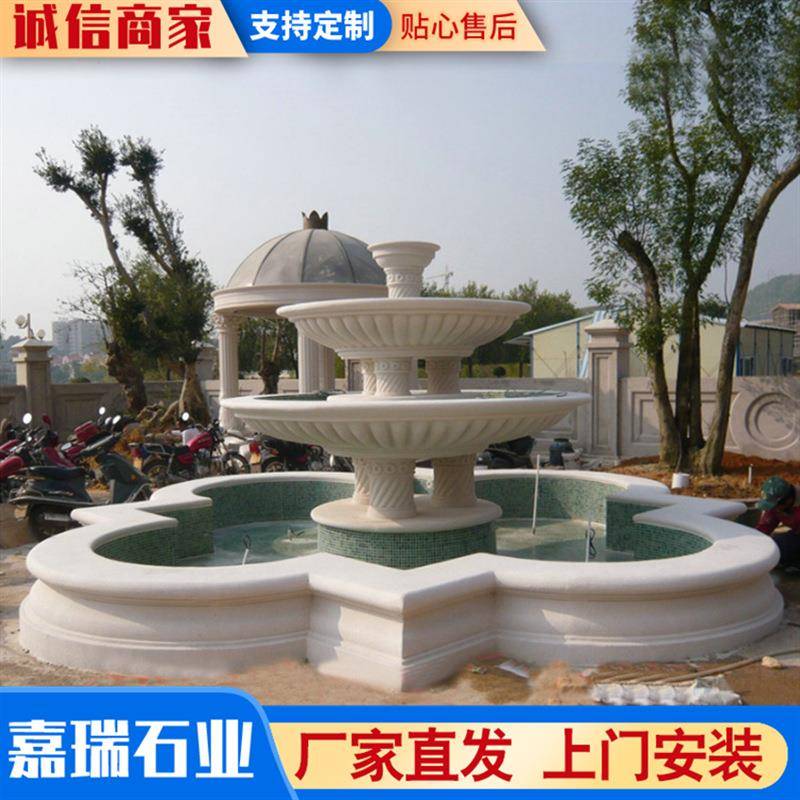 汉白玉欧式双层喷泉园林用景观雕刻大理石园林流水摆件水钵摆件