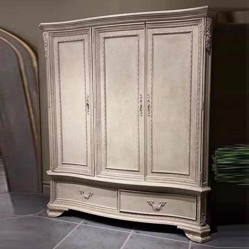 美式实木衣柜法式建筑复兴复古做旧雕花波浪卧室衣橱家具欧式衣柜