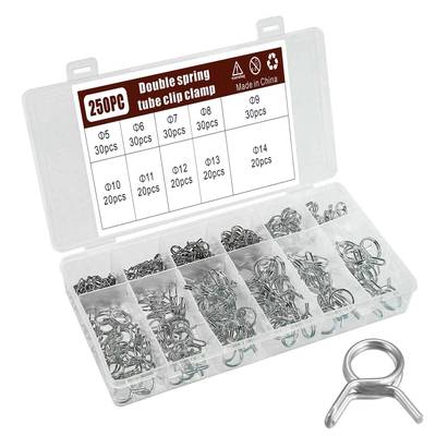250pcs弹簧软管喉箍Φ5-Φ14铁镀锌双线钢丝弹簧管夹组合盒装夹箍