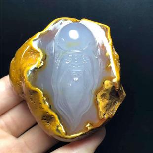 玛瑙玉髓原石老人手把件原石原皮雕刻佛头送家人
