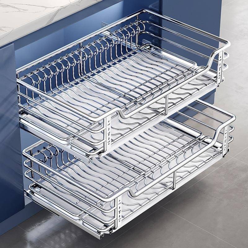 百悍拉篮厨房橱柜碗篮抽屉式双层304不锈钢调味料篮碗柜内置碗架