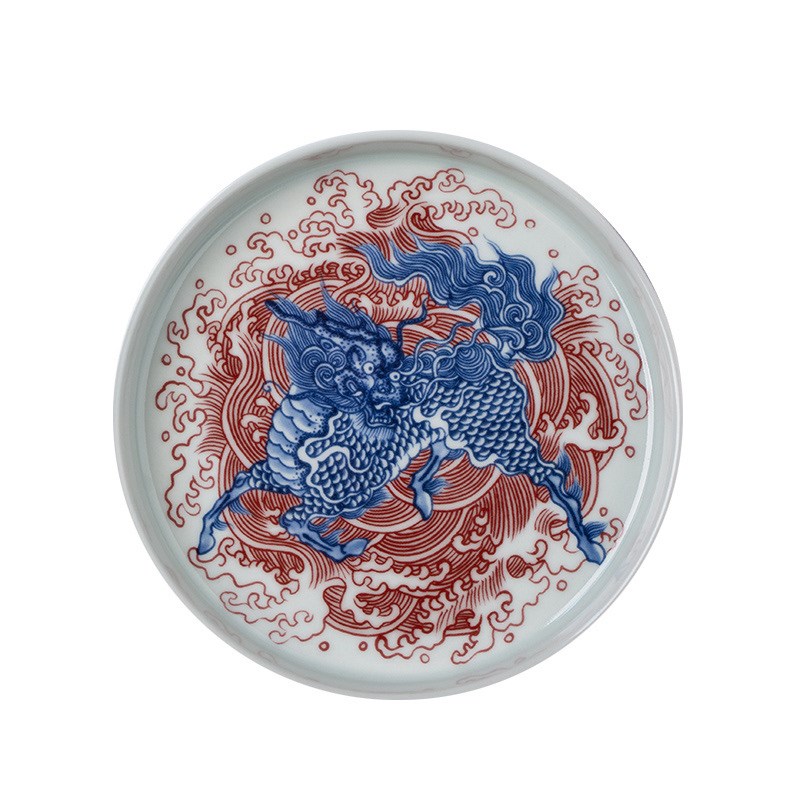 景德镇陶瓷仿古泥釉里红海水青花麒麟壶承单个干泡台盖碗托茶盘