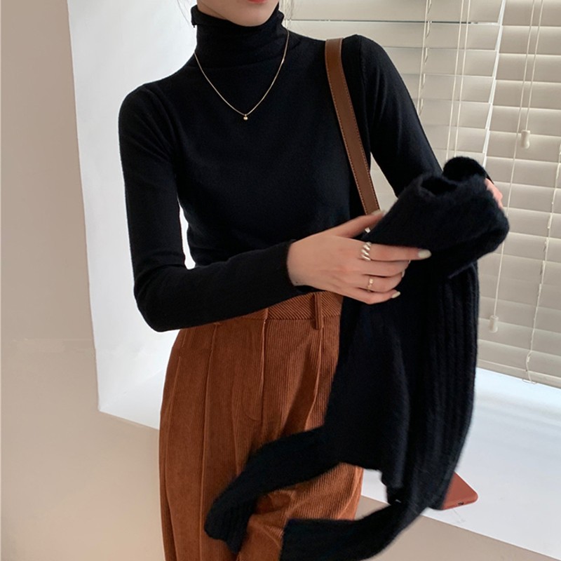 2021新款秋冬高领内搭长袖针织衫洋气宽松毛衣女外穿堆堆领打底衫