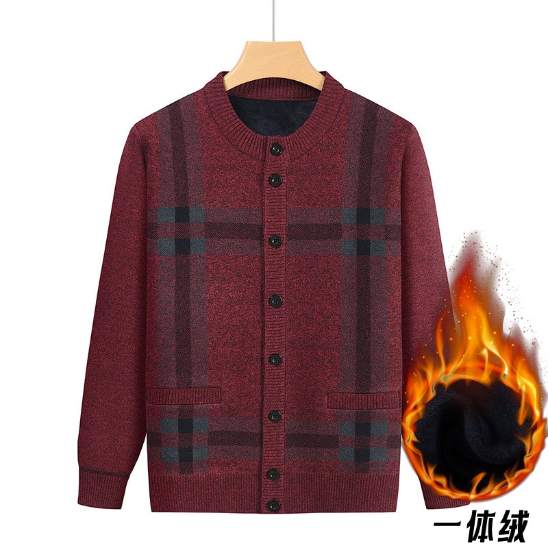 爷爷装毛衣男格子针织开衫老年爸爸大码老人外套加绒宽松秋冬男装
