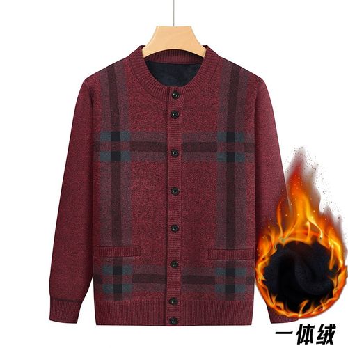 爷爷装毛衣男格子针织开衫老年爸爸大码老人外套加绒宽松秋冬男装