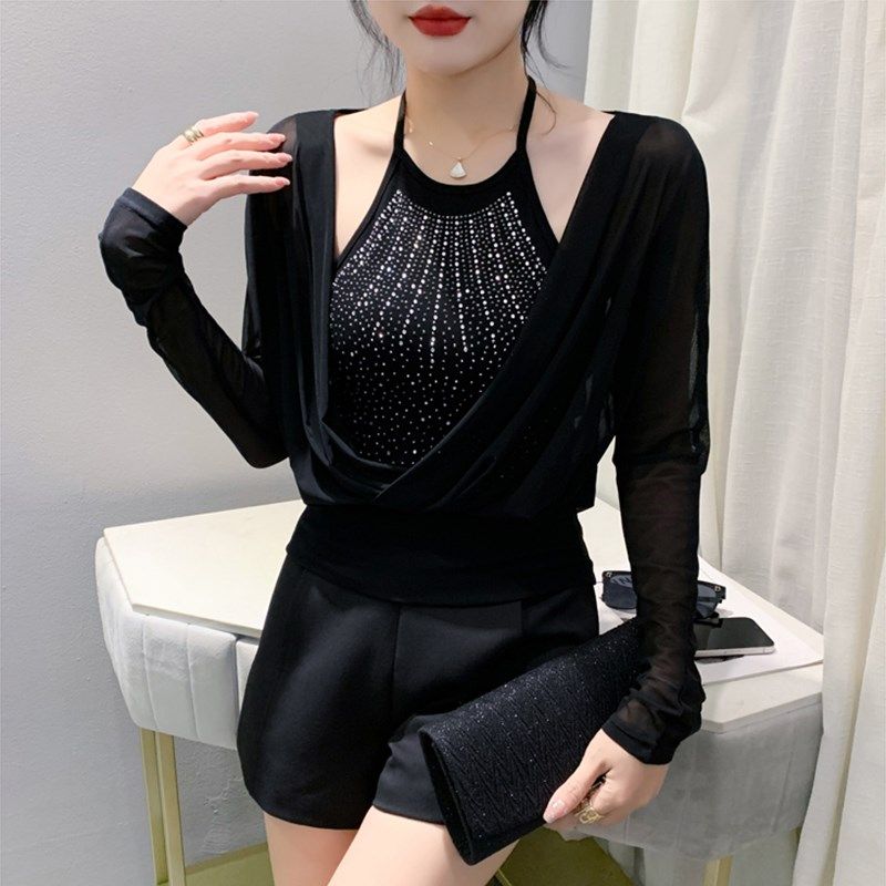 时尚性感网纱打底衫设计感挂脖闪钻吊带T恤假两件上衣女修身百塔,女装/女士精品,T恤,淘宝优惠券,粉丝福利购,淘宝优惠卷