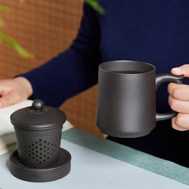 尊壶宜兴紫砂杯原矿黑泥泡茶杯茶水分离内胆过滤隔舱水杯陶瓷茶具