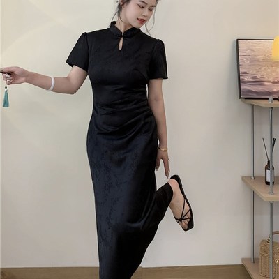2024夏季新款大码女装胖mm复古国风改良旗袍连衣裙黑色显瘦中长裙