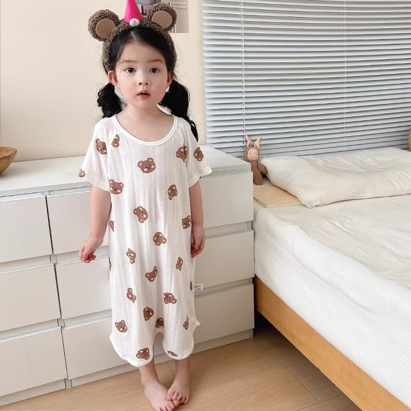 儿童睡衣夏季薄款男童短袖睡袍男宝宝防踢被子连体衣睡裙2024新款