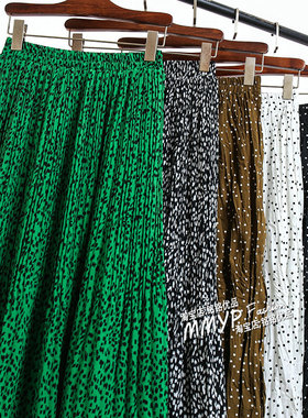 绿色豹纹碎花百褶半身裙女夏2022新款中长款裙子A字半裙花裙长裙