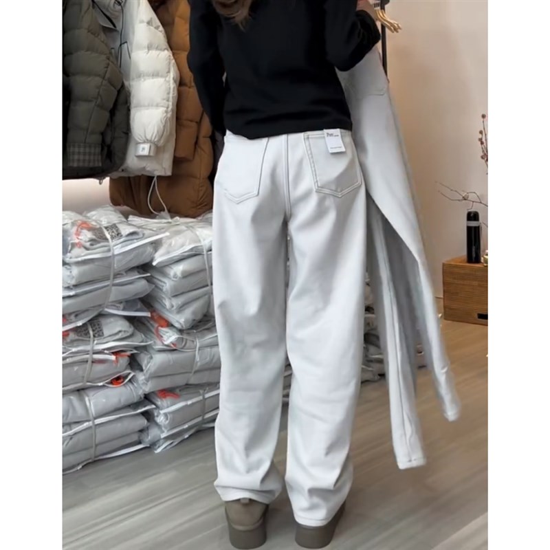 月光灰简约百搭牛仔裤女2024年冬季新款加绒高腰显瘦弯刀裤