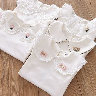 T恤婴儿衬衫 女童花边翻领打底衫 长袖 儿童宝宝白色套头衫 上衣 秋装