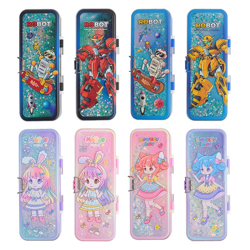 流沙笔袋女生2024新款硬壳文具盒男孩款简约收纳盒塑料分格铅笔盒