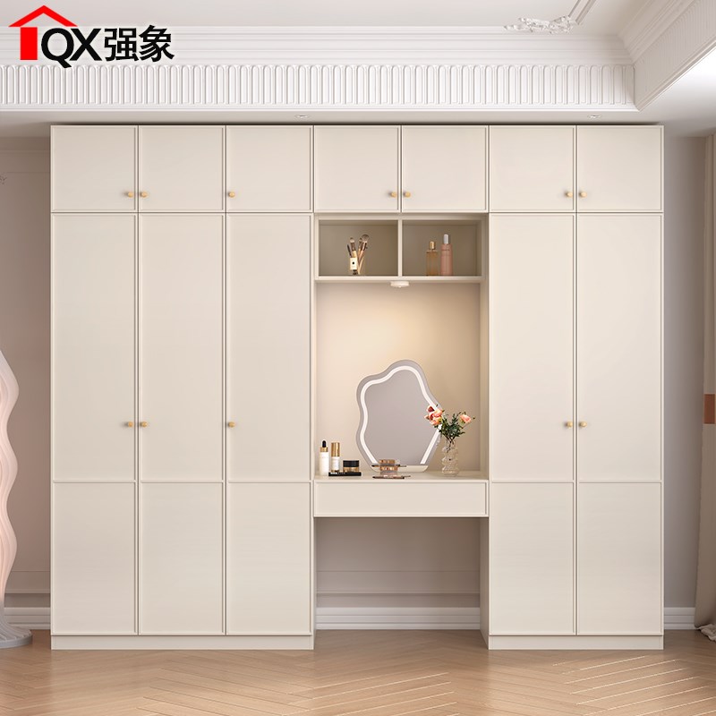 奶油风衣柜妆台书桌一体组合大衣橱家用卧室两三门收纳柜定制A41
