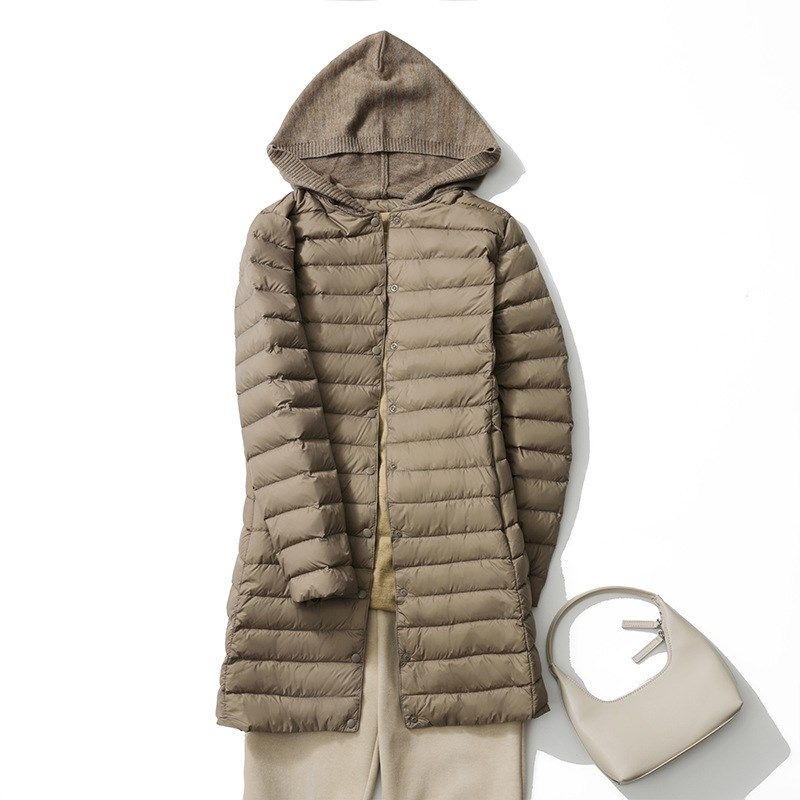 优U衣轻薄连帽羽绒服女中长款针织帽拼接修身时尚休闲外套秋冬装