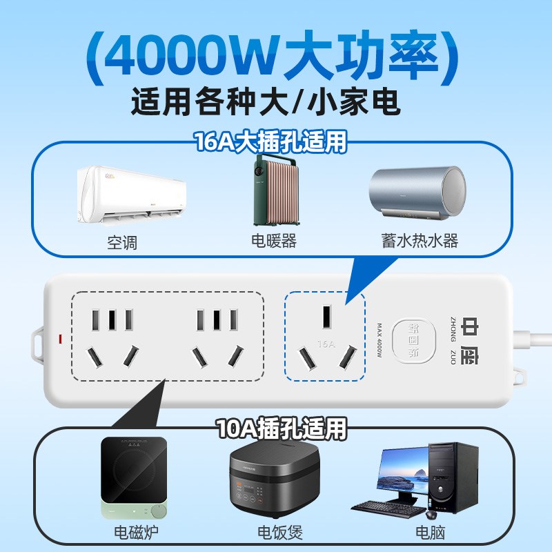 中座10a转16a空调专用插座16安4000W大功率接线板插线板家用插排