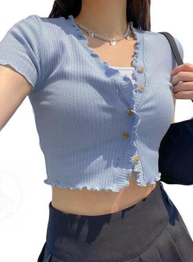 极速。Summer womens fashiown open navel cardigan V-neck fun