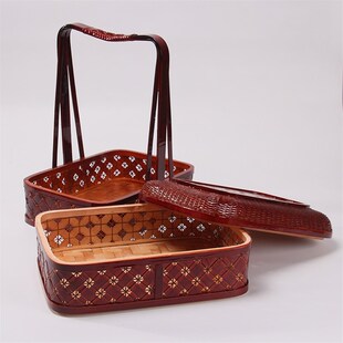 极速老式竹编手提送餐篮古装古代C送饭道具多层篮食盒陪嫁木质中