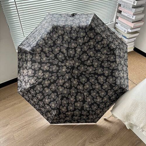 赞msho油画系黑花雨伞upf50+自动晴雨两用女折叠防晒紫外线太阳伞