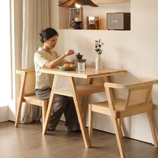 原实木奶油风餐桌椅组合小户型家用阳台双人洽谈藤编折叠方饭桌子