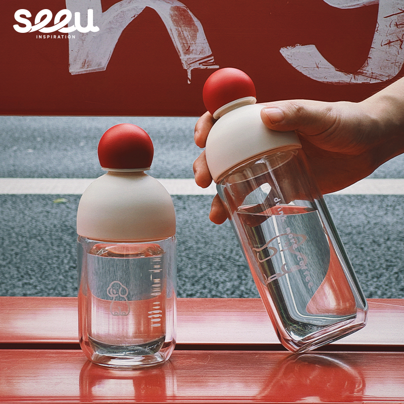seeu红鼻子双层高硼硅透明玻璃杯带盖高颜值耐高温水杯线条小狗杯