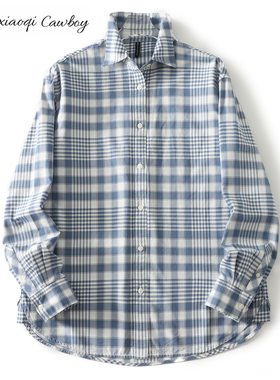 Huangxiaoqi Cowboy新款纯棉慵懒风蓝白格子衬衫女百搭上衣
