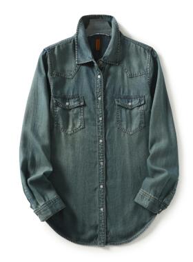 Huangxiaoqi Cowboy春秋新款天丝长袖牛仔衬衫女士衬衣打底衫上衣