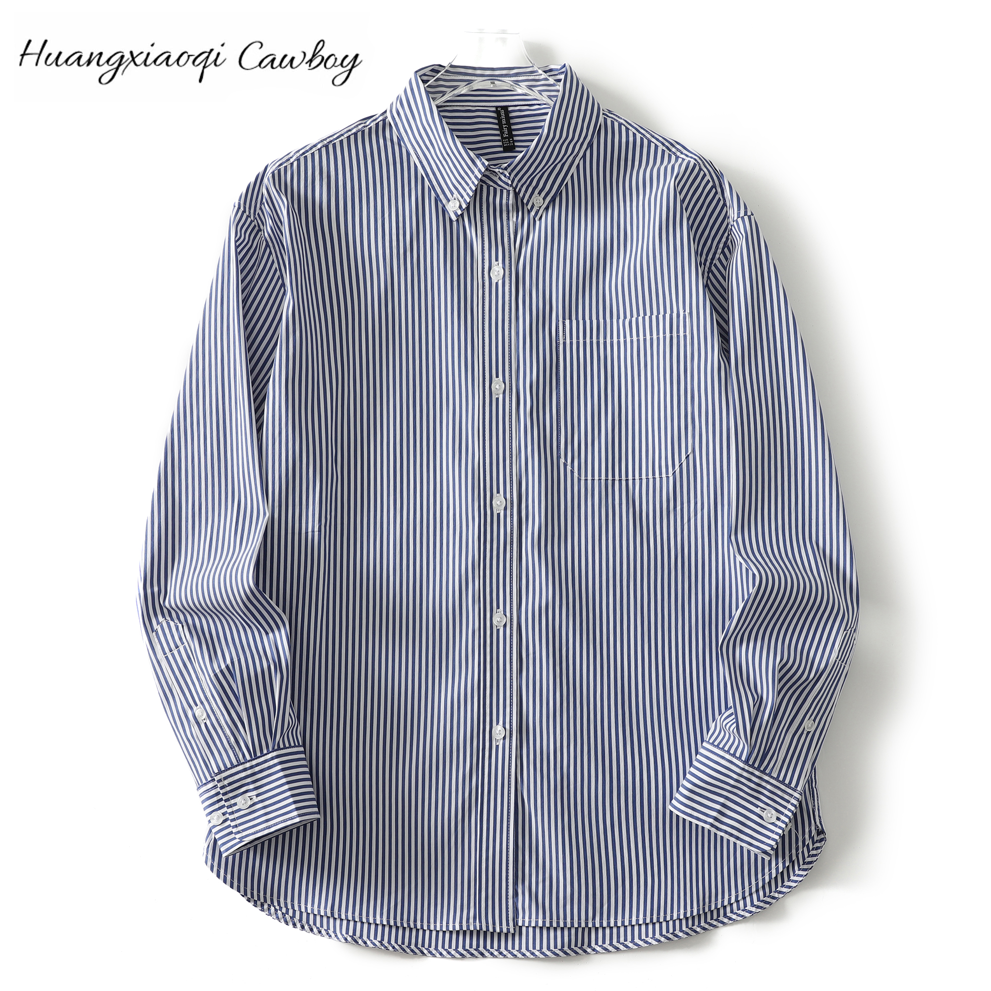 Huangxiaoqi Cowboy新款春秋条纹百搭匹马棉衬衫女简约时尚外套