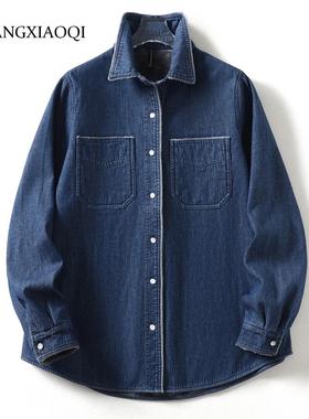 Huangxiaoqi Cowboy宽松大码显瘦秋冬季打底衫加绒牛仔衬衫外套女