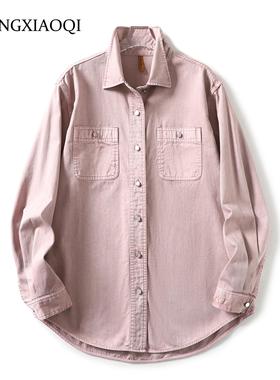 Huangxiaoqi Cowboy高端定制减龄粉色女士双口袋长袖衬衫外穿衬衣