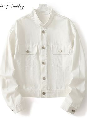 Huangxiaoqi Cowboy新款白色牛仔短外套女时髦复古立领夹克薄外套