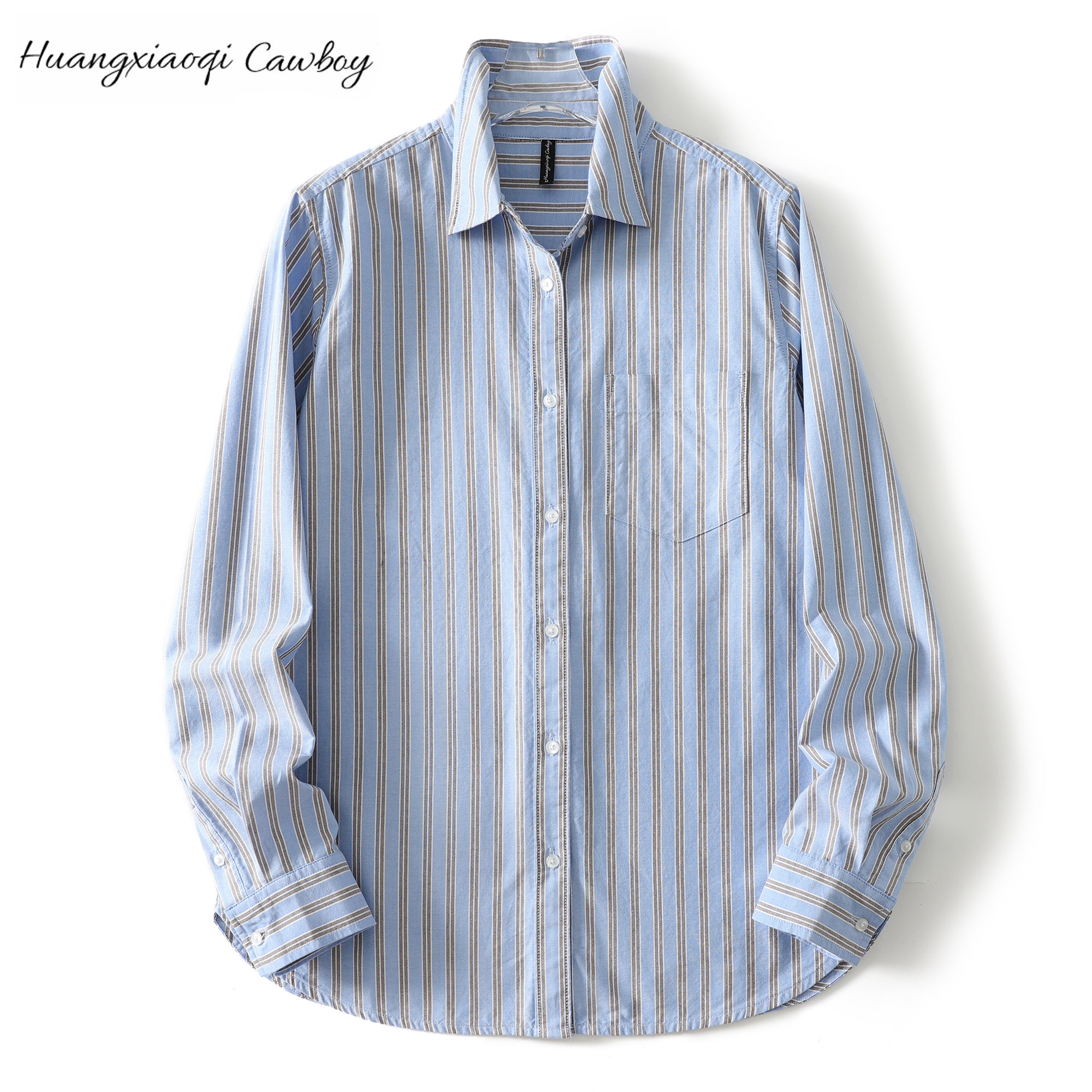 Huangxiaoqi Cowboy新款条纹长袖衬衫女休闲百搭职场衬衣时尚合身
