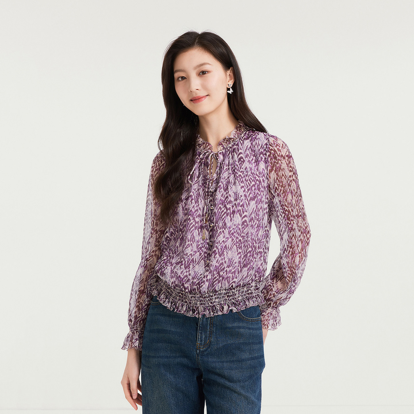 珂莱商场同款2026年春季新款女装桑蚕丝气质收腰百搭印花长袖衬衫