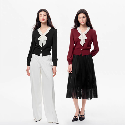 秋冬季新款优雅钉珠飘带领针织衫