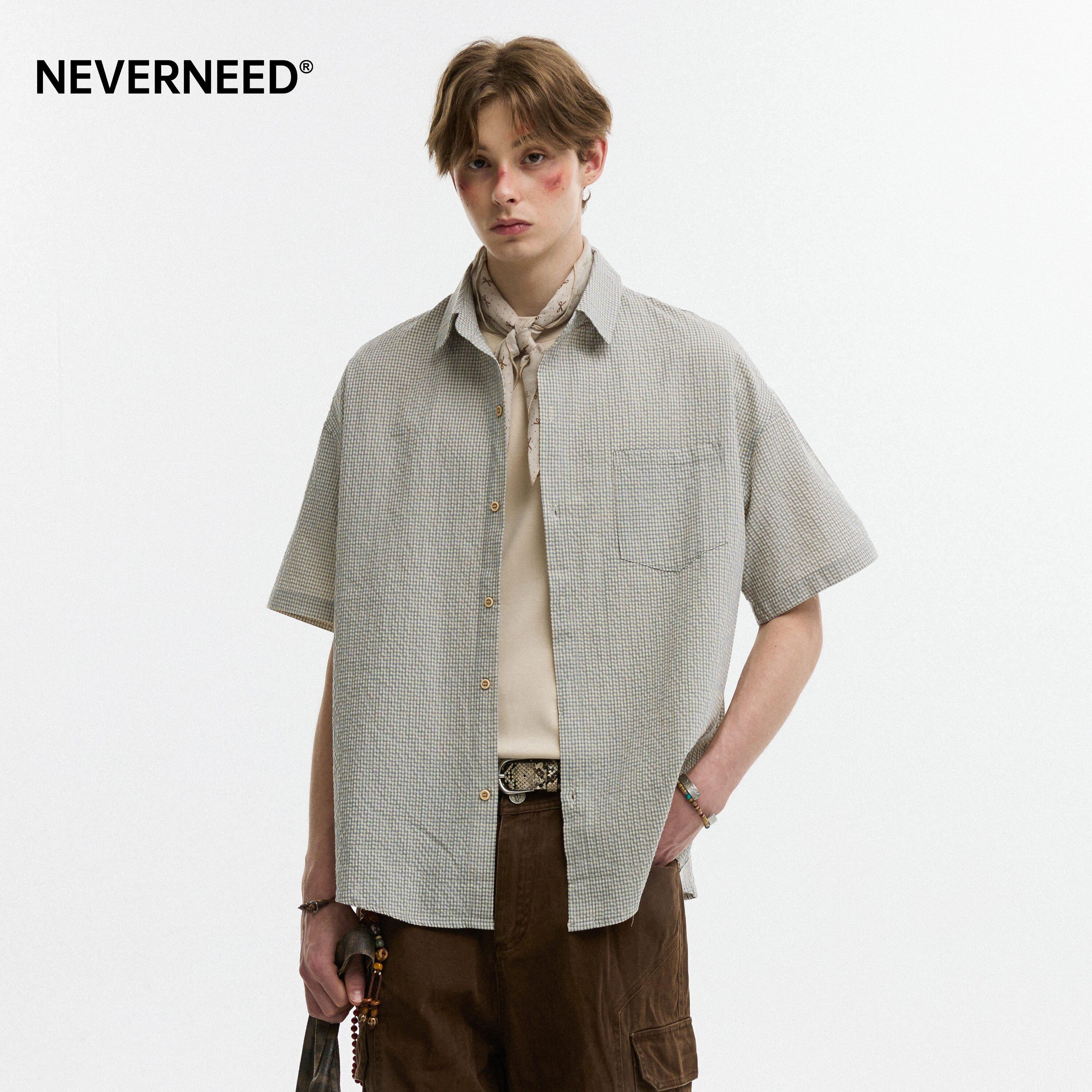 NEVERNEED泡泡纱翻领格子短袖衬衫男女夏季美式休闲情侣半袖衬衣